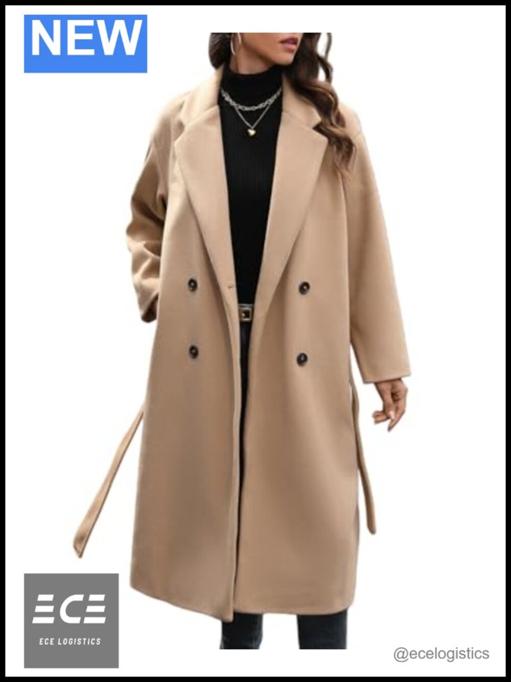 Women's Long Trench Coat Double Breasted Belted Wool Blend Overcoat